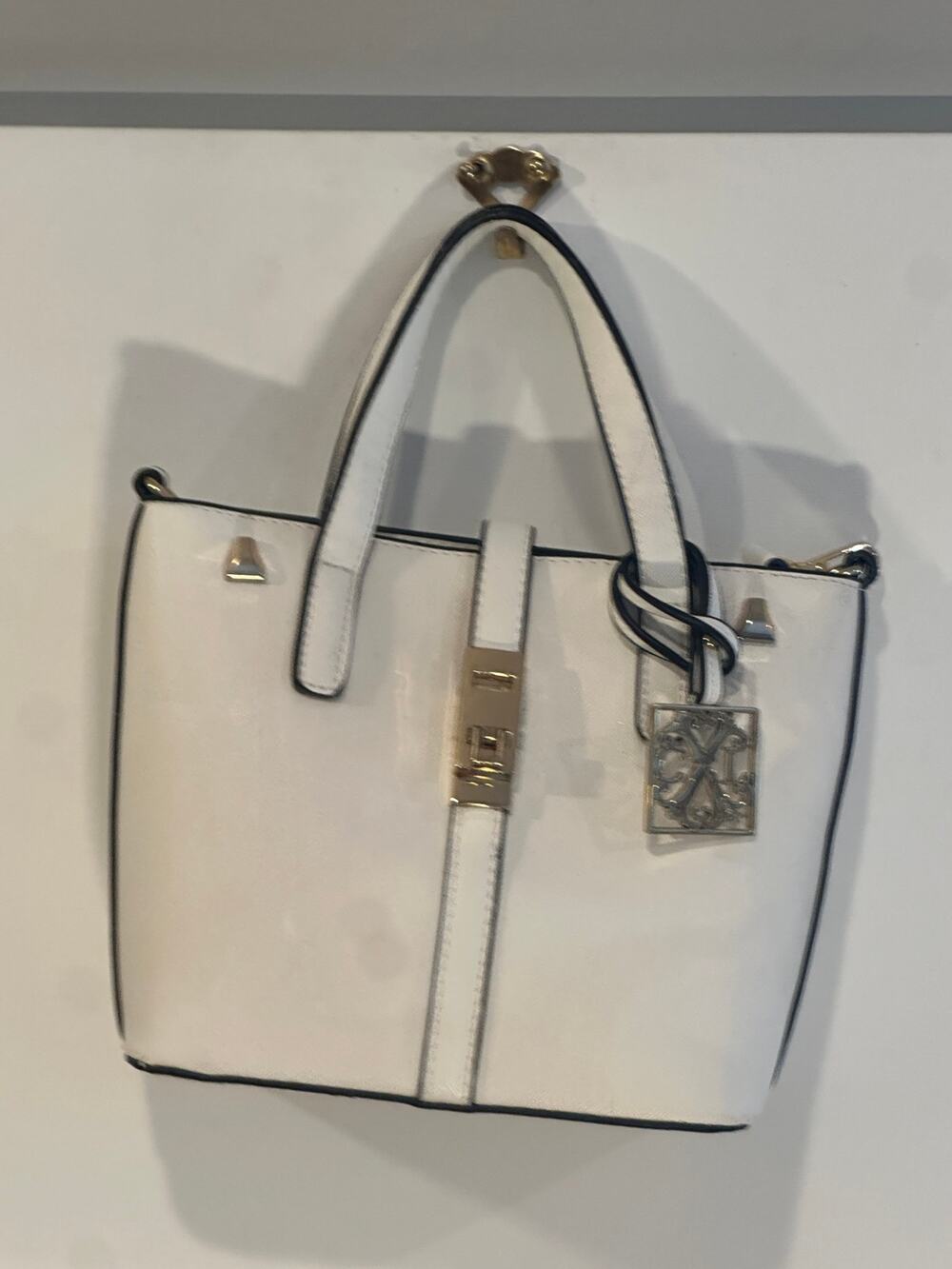 Christian Lacroix White Saffiano Faux Leather Mini Tote Crossbody Purse NWOT